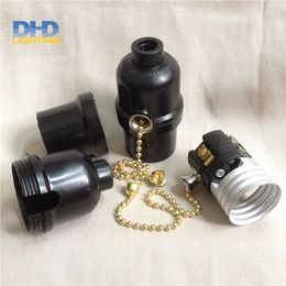 Freeshipping 50units/set black bakelite light sockets with chain switch or key switch E27 lamp holders black plastic lighting sockets