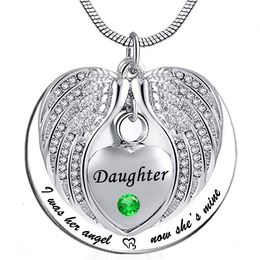 Angel Wing Memorial Keepsake Ashes Urn Pendant Birthstone crystal Necklace, i used to be his angle, now he's mine -for Daughter