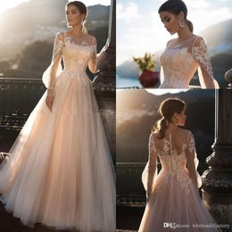 Champagne Lace Bohemia A Line Wedding Dresses 2020 Sheer Long Sleeves Tulle Lace Applique Sweep Train Wedding Bridal Gowns robes d286z