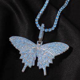 New Animal Butterfly Necklace & Pendant With Tennis Chain White Gold Plated Top Blue Cubic Zircon Men's Women Hip Hop Rock Jewelry