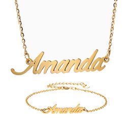 Amanda Name Necklace + Bracelet Set for Women Letter Gold Choker Chain Necklace Pendant Nameplate Gift