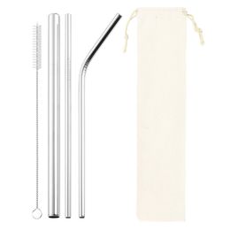 Stainless Steel Straw Set Reusable Drinking Straws with Brush and Bag for Smoothies Juice Tea WB1860