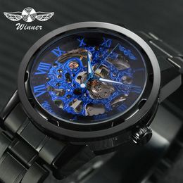 2019 Winner Mechanical Watches For Men Hand-wind Steel Watches Roman Number Skeleton Wristwatches Luminous Hands Reloj Hombre J190706