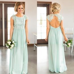 Spring 2019 Mint Sage Green Bridesmaid Dresses Long Jewel Neck Capped Sleeves Open Back Lace and Chiffon blush vestidos de dama de honor