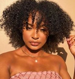 New short afro kinky curly full wig Brazilian Hair Simulation Human Hair Kinky curly natural wig with bang