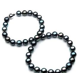 Free Shipping stunning 10-11mm Green Black pearl necklace 18 inch 925 s
