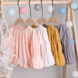 New Spring Fall Girl Kids Clothing Shirt 100%Cotton Solid Colour Lantern Sleeve o-neck shirt Girl Elegant Soft shirt