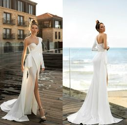 2020 Hot Sell Mermaid Wedding Dresses Sexy High-split One-shoulder Sequins Wedding Gown Sweep Train Custom Made Ruched Cheap Bridal Gown