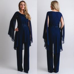 Modest Navy Beaded Mother Of The Bride Pant Suits Jewel Neck With Long Sleeves Wedding Guest Dress Chiffon Plus Size Mothers Groom Dresses 415