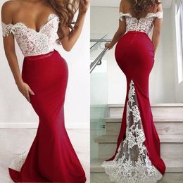 Amazon Mermaid White Lace Red Satin Evening Formal Dress Off The Shoulder Open Back Cocktail Party Dresses Evening Wear Robes Cheap Long