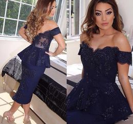 2019 Sexy Tea Length Navy Blue Cocktail Dresses Peplum Beaded Off Shoulder Prom Dresses Applique Lace Formal Party Dresses Evening Wear 1167