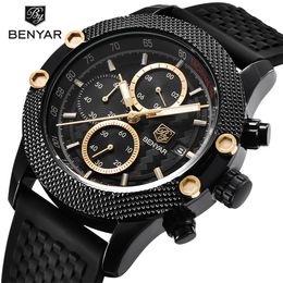 BENYAR Mens Watches Top Sport Chronograph Fashion Men Waterproof Brand Gold Quartz Watch Saat Reloj Hombre