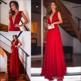 red Plus Size deep V-neck Evening Dresses Celebrity Gowns beading bodice ruched tulle sexy prom gowns Red Carpet Dresses Zipper Back