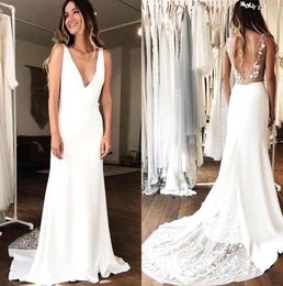 V Neck Chiffon Bohemia Beach Wedding Dress Lace Applique Backless Ruched Sweep Train Country Wedding Bridal Gowns BM1513