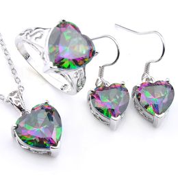Luckyshine 3 Pieces/Set Earring Rings Pendants Jewelry Set Heart Rainbow Topaz 925 Silver Necklace Wedding Party Charm For Woman Sets