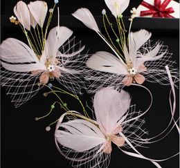 Korean bride handmade headdress sweet pink feather butterfly hair accessory set mesh hair clip dress matching accessories