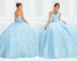 Sky Blue Glitter Evening Dresses Sweetheart Sleeveless Full Appliqued Lace Sequins Beaded Ball Prom Gown Sweep Train Gorgeous Party Gown