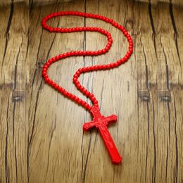 Extra Long Wood Rosary Beads Necklace Big Jesus Christ Huge Pendant Hip Hop New Men Fashion Style Accessories Red Brown 36 inch