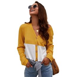 Women Loose Long Sleeve Knits Blouse V Neck Button Down T Shirts Tie Front Knot Casual Shirt Tops