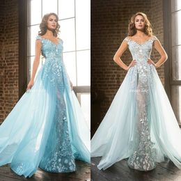 2020 Wathet Mermaid Evening Dresses Applique Lace Rhinestone Tulle Prom Dress Sweep Train Non Detachable Train Formal Dresses