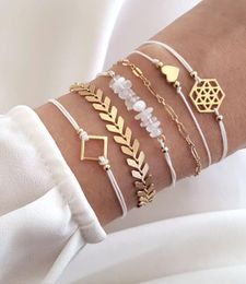 6 Pcs/Set Simple Link Chain Charm Bracelet Set for Women Geometric Hexagon Square Heart Statement Braclets for Women 2019