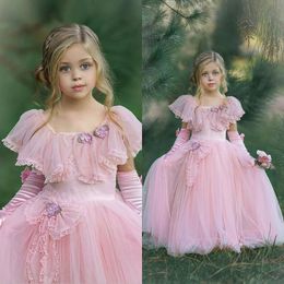 pink girl dresses square appliqued beaded hand made flower birthday gowns sleeveless ruffle girl pageant gown