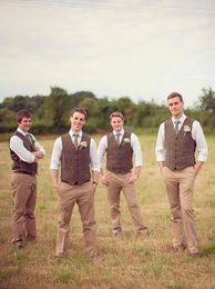 2020 Country Brown Groom Vests For Wedding Wool Herringbone Tweed Custom Made Slim Fit Mens Suit Vest Farm Prom Dress Waistcoat Pl283s
