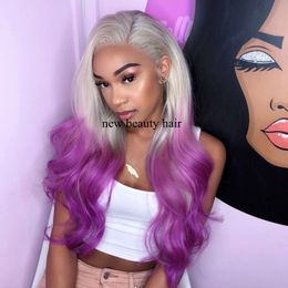 Newest perruque free part bouclés ombre blonde purple wig simulation brazilian lace front wig glueless synthetic hair wig for women