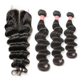 -Bella Virgem Brazilian Hair Bundles com fecho solto de onda profunda ondulado extensões dinerable preto de trama preto