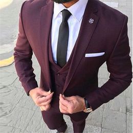 New Popular One Button Burgundy Groom Tuxedos Notch Lapel Men Wedding Party Groomsmen 3 pieces Suits (Jacket+Pants+Vest+Tie) K97