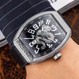 vanguard watch New V45 Yachting Automatic Mens Watch Silver Diamond Bezel Black Dial 3D Dragon King Totem Black Leather Timezonewatch E116b2