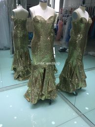 2019 Real Photos Gold Colour Mermaid Long Prom Dress New Design Sexy Spaghetti Strap Sequins Backless Party Gown Custom Made Plus Size