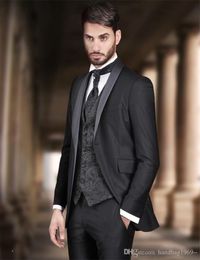 New Arrivals One Button Black Groom Tuxedos Shawl Lapel Groomsmen Best Man Mens Wedding Suits (Jacket+Pants+Vest+Tie) D:153