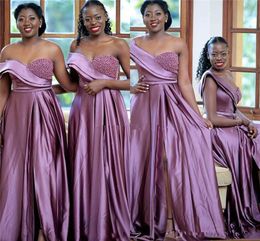 2020 African Bridesmaid Dresses Long With Side Split One Shoulder Beaded Lace-Up Back A-Line Country Wedding Guest Dresses