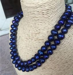 Double strands 10-11mm tahitian baroque blue pearl necklace 18 "925 sterling silver