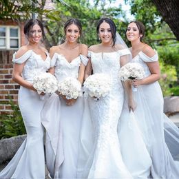 Chic Off Shoulder Mermaid Bridesmaid Dresses Spaghetti Straps Appliques Satin Sweep Train Backless Maid Of Honour Gowns Party Dresses