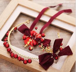 Bridal accessories bow headband hair accessories neckband set red beads hair band dress wedding head jewelry