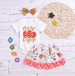 Easter Baby Girls Outfits My First Easter Printed Baby Rompers Skirt Sequin Headband 3PCS Sets Kids Clothes Sets Summer Baby Clothing DW2684