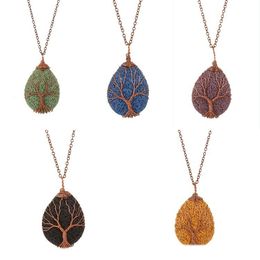 5 Colours Natural Volcanic Stone Water Drops Necklaces Winding Life Tree Pendant Necklace Women Fashion Jewellery Christmas Gift