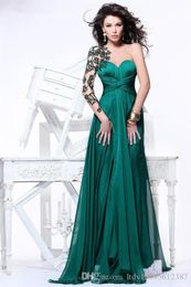 2019 New Arrival Beautiful Appliques Sheer Long Sleeves Open Back Emerald Green Chiffon Evening Dresses Formal Gowns 282