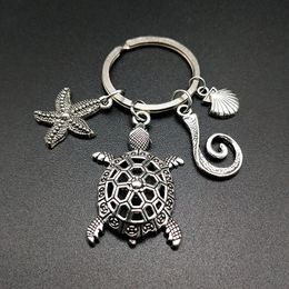 Antique Key Keychain Holder Sea Animal Keyrings Starfish Turtle Shell Silver Charms Car Key Chain Rings Jewellery Fashion Promotion Favour Gift