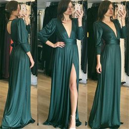 Desinger Green Prom Dresses 3/4 Long Juliet Sleeves Chiffon Side Slit Floor Length Sexy Deep V Neck Ruched Pleats Evening Party Gown 403