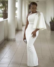 Abiti da sera indossare bianco una spalla mezze maniche sirena formale perline africano Dubai donne 2022 guaina lunga Prom Robe De Soir307Q