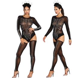 Hot Sexy Women Black Bodysuit Stockings Set See Through Mesh Leotard Rhinestone Skeleton Nightclub Dance Wear Halloween Costume