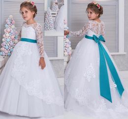 White Princess Ball Gown Flower Girl Dresses Long Sleeve 2021 Jewel Neck Puffy Little Girls Formal Pageant First Communion Dress AL5233