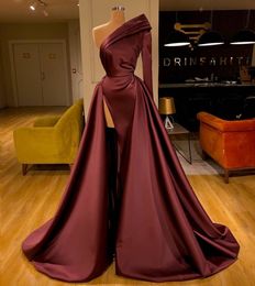 Burgundy Mermaid Overskirt Evening Dresses One Shoulder Long Sleeves Prom Gowns Sweep Train Satin Plus Size Formal Dress