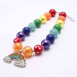 Girls chunky beaded necklace with rhinestone rainbow pendants Colourful bubblegum beads necklace for children kids gift