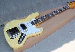 Wholesale Custom Milk Yellow 4 Strings Bass Guitar with Vintage Body,White Pickguard,Rosewood Fingerboard,can be custimized.