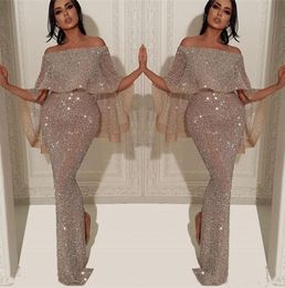 Sparkly Sequins Mermaid Long Evening Dress 2019 Arabic Bateau Neck Off The Shoulder Slit Pageant Formal Party Prom Gowns BC1019