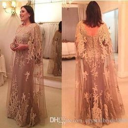 Hot Cheap Mother of the Bride Dresses Illusion Lace Appliques With Cape Tulle Floor Length Formal Party Prom Gowns For Wedding Guest Dress